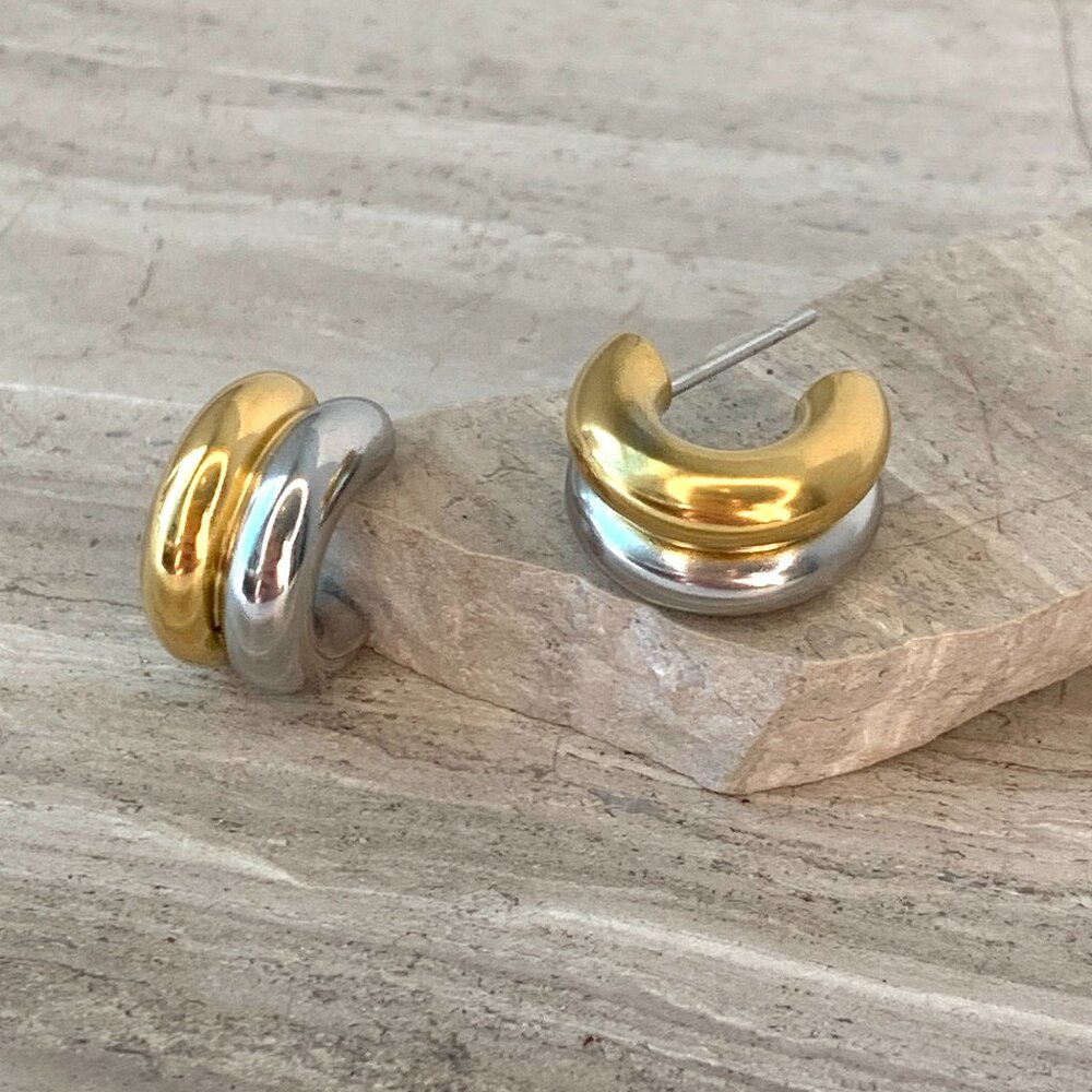 NEW~ Anthropologie Waterproof Mixed Metal Huggie Post Hoop Earrings